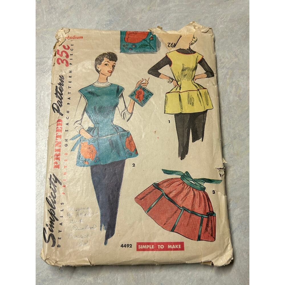 Vintage 1950's Simplicity Pattern‎ #4492 Cobbler Apron Half Apron Size Medium